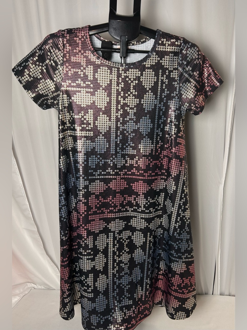 LuLaRoe Black Dress with Pink & Blue Sequin Pattern